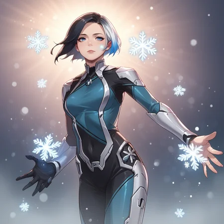 score_9, score_8_up, score_7_up, score_6_up, score_5_up, score_4_up, zPDXL2,source_anime,rating_questionable,1girl, solo, <lora:Luna_Snow_-_Marvel:0.8> lunasnow, short hair, multicolored hair, two-tone hair,blue eyes, bodysuit,mic, snowflakes,