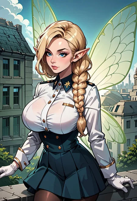 score_9, score_8_up, score_7_up, score_6_up, score_5_up, score_4_up, beautiful fairy woman, mature, long blonde braided hair, reij-hrstyl01 hairstyle, elf ears, detailed blue eyes, bright blue eyes, soft round jaw, magical aura, (delicate glowing wings with green patterns:1.4), (fairy wings:1.3), huge breasts, military uniform, white gloves, black skirt, pantyhose, abandoned building, ruined city, rooftop, outdoors,