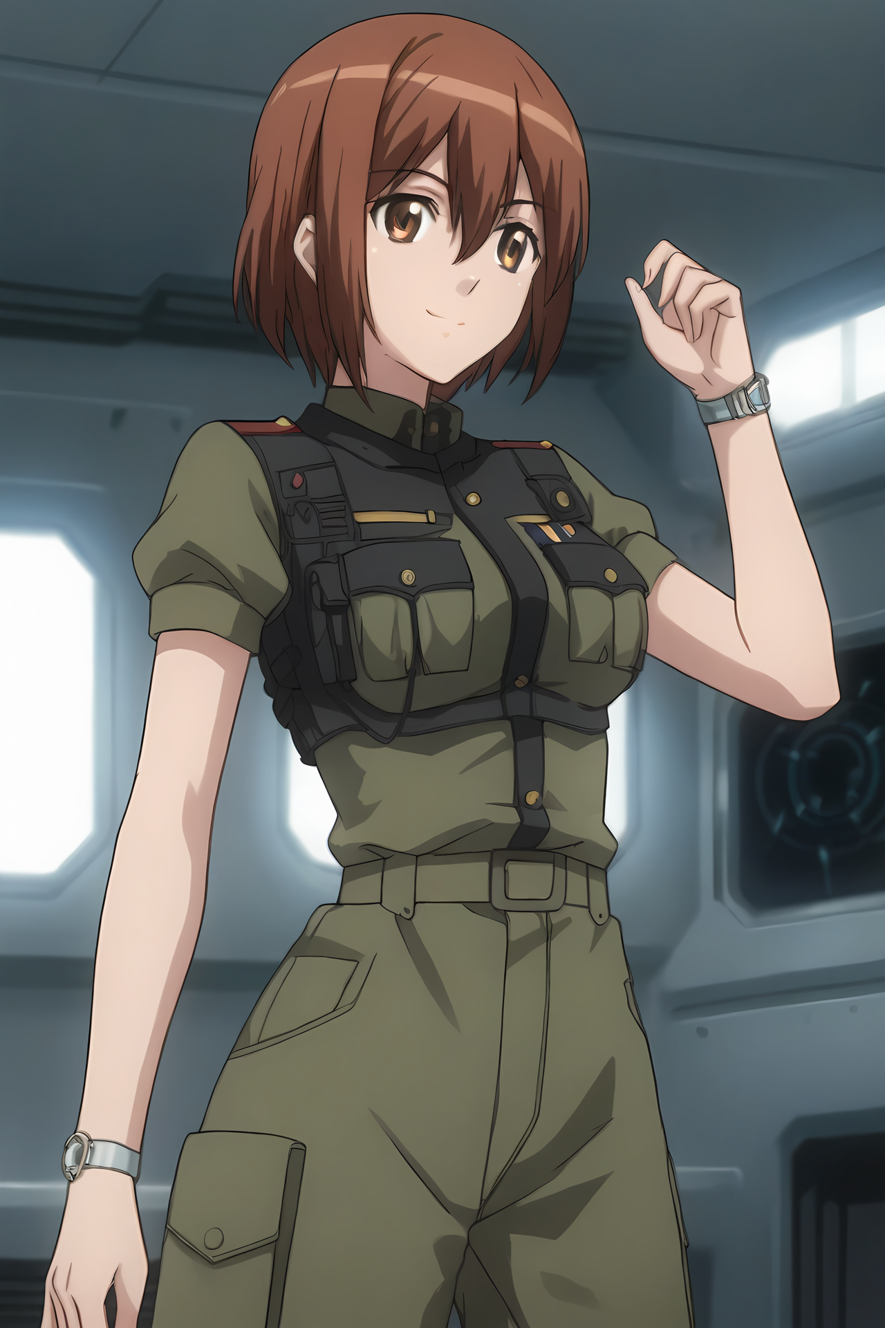 (military uniform:1.50), cpc-manami, short hair, brown hair, hair between eyes, brown eyes, wristwatch, 
medium breasts,
1girl, solo, skinny, (source_anime, score_9, score_8_up, score_8, score_7_up), score_7, score_6_up, score_6, score_5_up, score_5, 
(light smile:1.10),
(spacecraft:1.30),
(straight-on:1.20), (:0.80),
<lora:cpc-manami-V04-000004:0.90>
