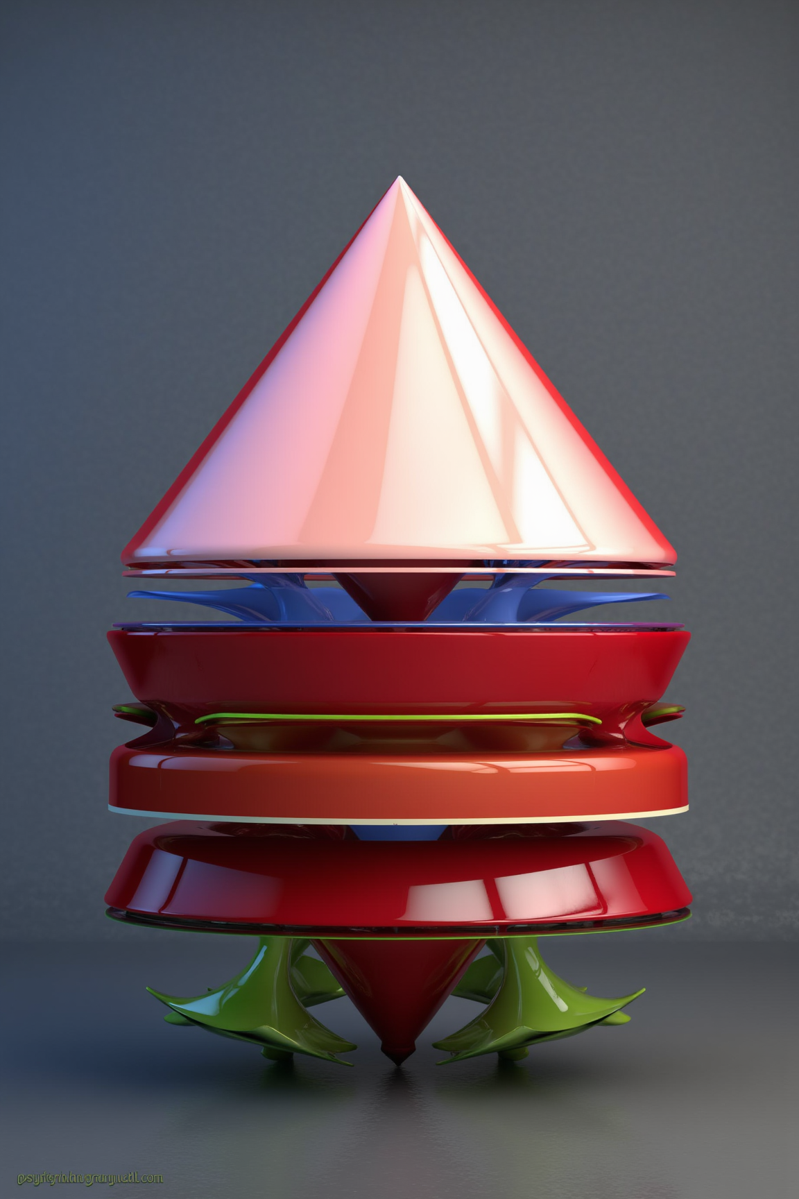 A 3D Rendered abstract of, sharp photo of a 3D rendering of a triangular object with a pointed top. The object appears to be made up of multiple layers of different colors, including red, pink, blue, and green. The colors are arranged in a symmetrical pattern, with the top layer being the largest and the bottom layer being smaller. The top layer is a light pink color, while the bottom layers are a darker pink color. The edges of the object are a lighter shade of pink. The background is a grayish-blue color, and the object is placed in the center of the image. sharp photo of taken from a slightly angled perspective, looking up at the object.