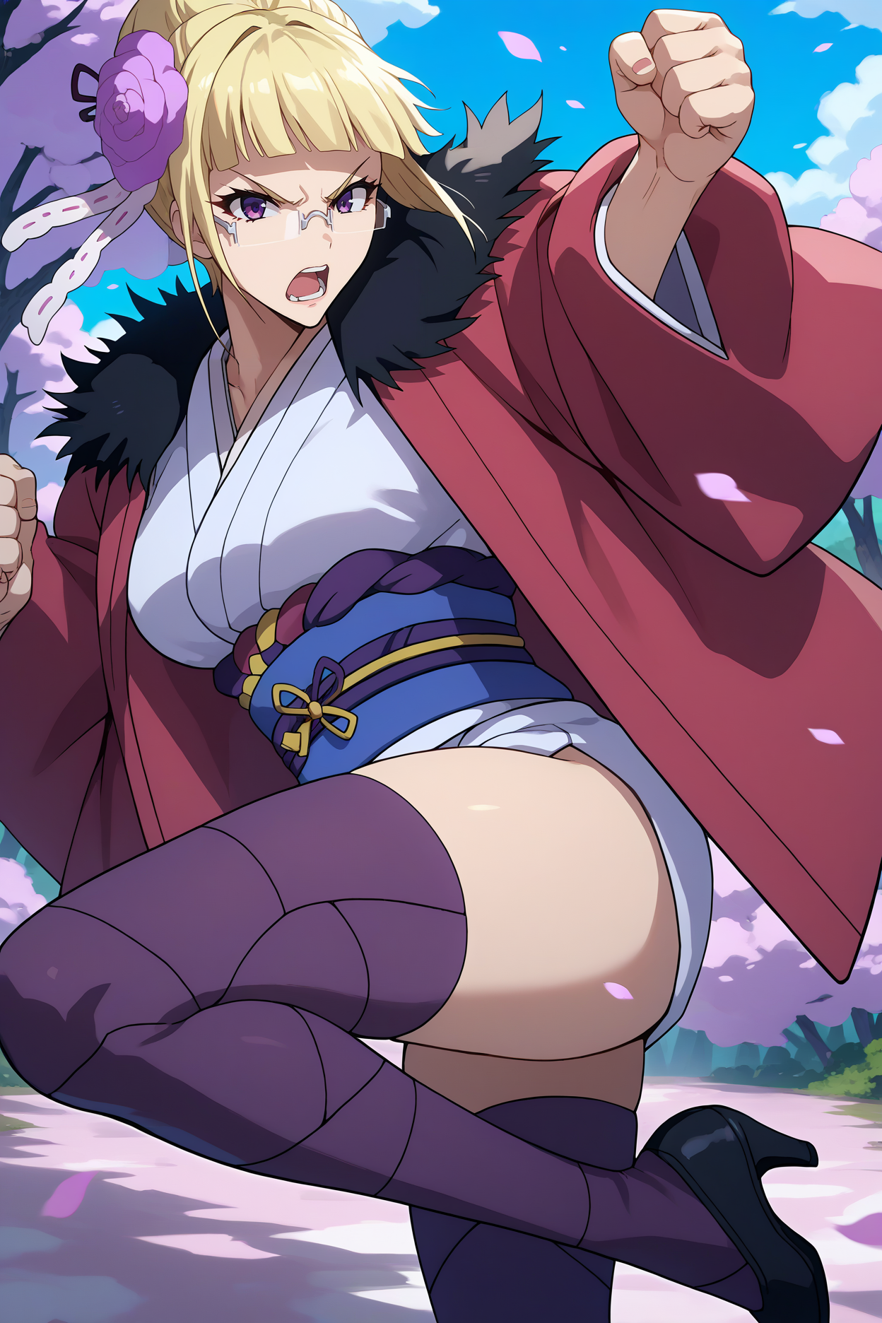 score_9, score_8_up, score_7_up, score_6_up, source_anime, 1girl, solo,  <lora:mashiro-pdxl-nvwls-v1-000005:1> msro, blonde hair, blunt bangs, single hair bun, short hair, purple eyes, hair flower, glasses, red coat, fur trim, white kimono, sash, big breasts, open mouth, serious, kicking, purple thighhighs, standing on one leg, blue sky, clouds, forest, full body, fighting stance, looking at you, black shoes, high heels, clenched hands