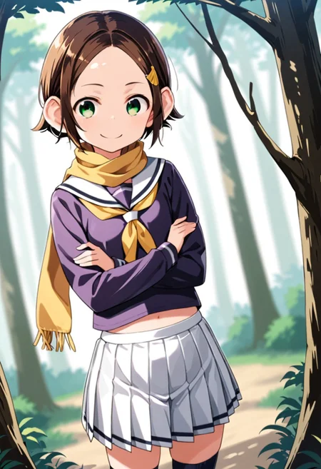 score_9, score_8_up, score_7_up, score_6_up, score_5_up, score_4_up,, 1girl, solo, original anime, Pan Saruhara, short hair, brown hair, hair ornament, chimpanzee ears, flat chest (Green eyes: 1.8).
Skirt, pleated skirt, serafuku, white skirt, shirt, purple shirt, sailor collar, white sailor collar, long sleeves, scarf, yellow scarf, knee-high socks.
Frowning face, smiling, in the middle of a forest, arms crossed, standing