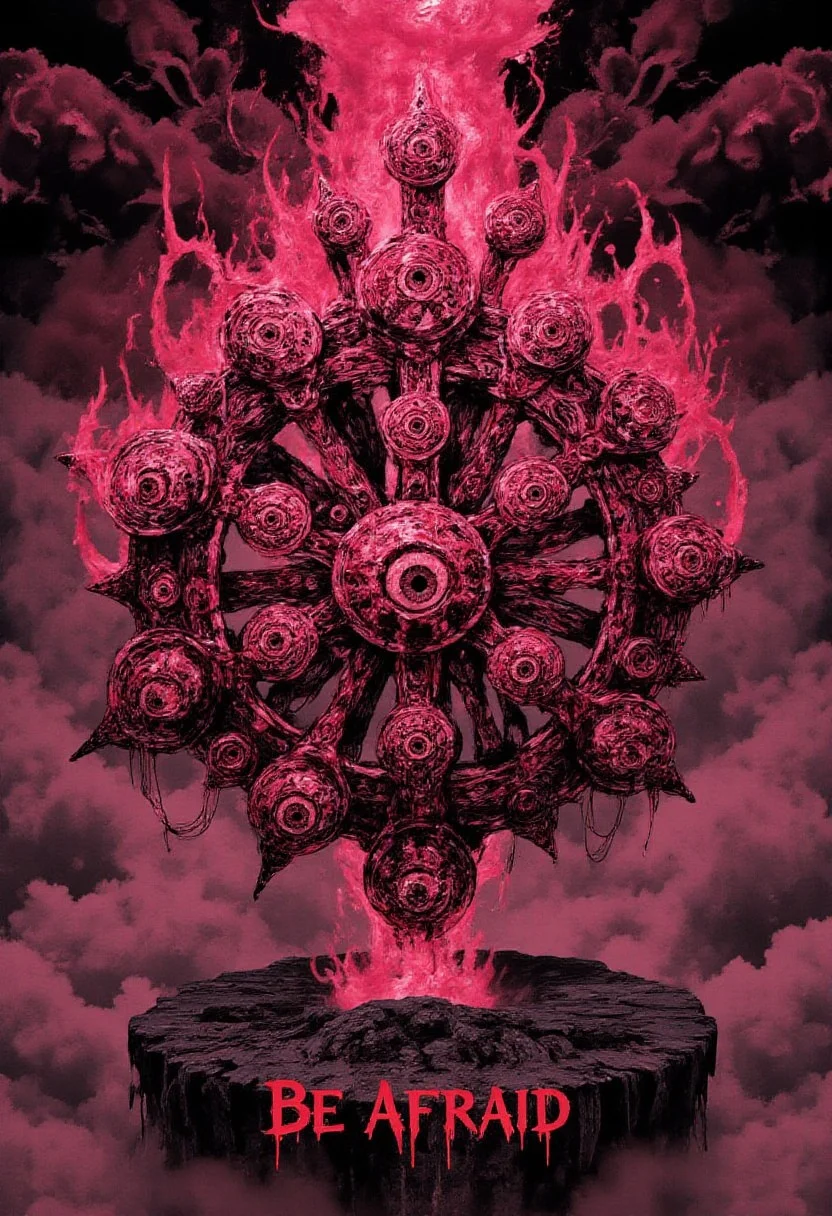 bo-abstract, pink Ophanim, Ophanim, wheel-like creature, floating, symmetrical wheels, 4wheels, flames all around, evil eyes. Text on screen in scary red font "Be Afraid"