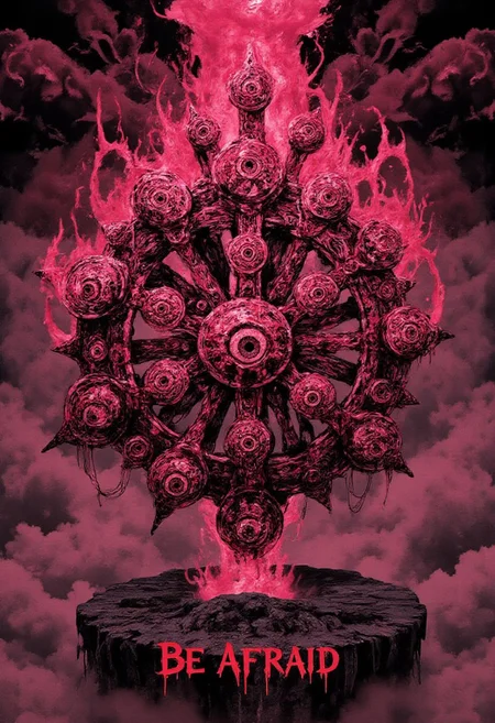 bo-abstract, pink Ophanim, Ophanim, wheel-like creature, floating, symmetrical wheels, 4wheels, flames all around, evil eyes. Text on screen in scary red font "Be Afraid"
