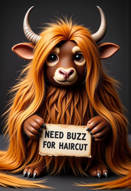A yeti creature with very long hair, flowing to the ground. His face and features are completely obscured. He is holding a card in his claws that reads: "NEED BUZZ FOR HAIRCUT"