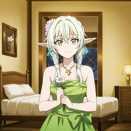 nsfw, masterpiece, best quality, amazing quality,1girl, solo, goblin_slayer_high_elf_archer, green dress, green eyes, necklace, sleeveless dress, hair ornament, jewelry, bow, green hair, holding, flower, collarbone, hair flower, smile, looking at viewer, hair between eyes, indoors, bedroom, bed, <lora:High_Elf_Archer_-_Goblin_Slayer:0.7>