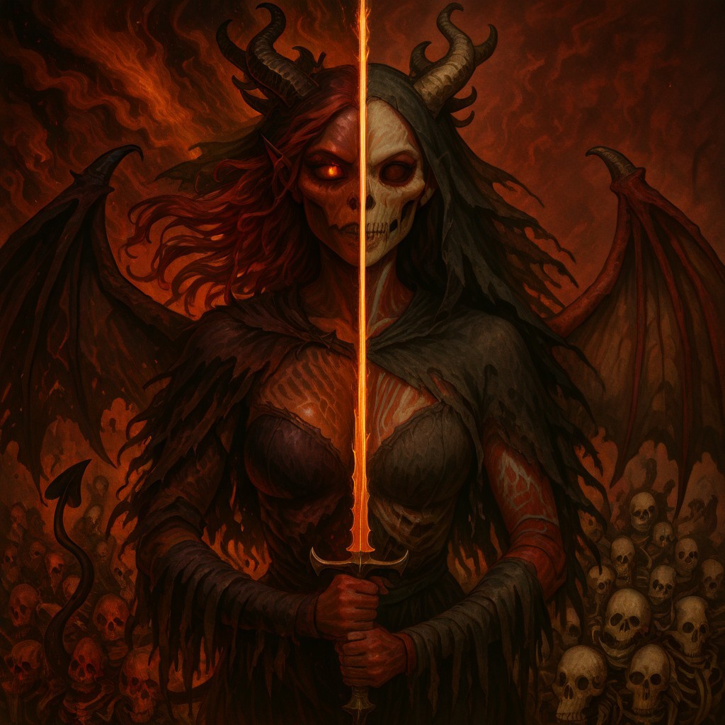 masterpiece, best quality, newest, absurdres, highres, 
DUSV1.0, split screen, split theme, dual persona, transformation, dark persona, holding sword, sword, holding weapon, holding, weapon,
1girl, red skin, red colored skin, demon girl, succubus, demon horns, horns, demon wings, demon tail, wings, horror (theme), monster girl, skull, skull mask, bones, skeleton, veil, veiled face, mask,