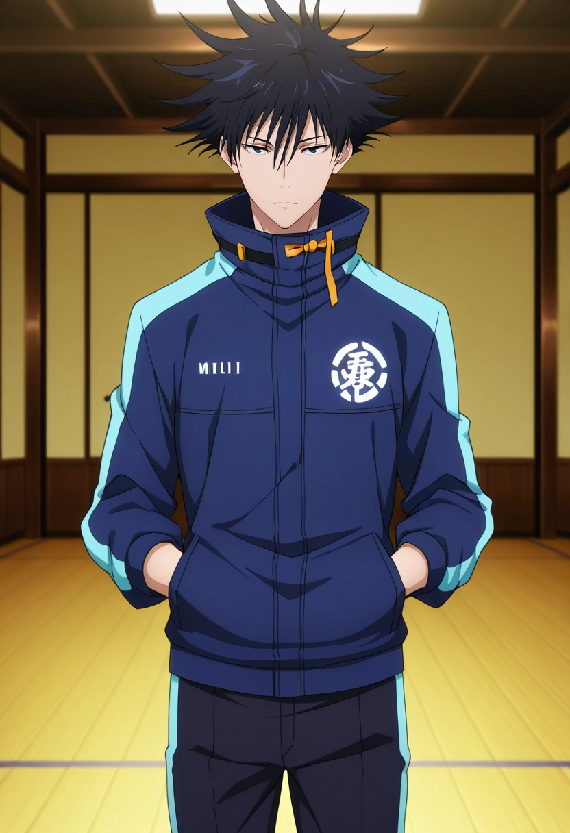 masterpiece, best quality, , anime screencap, anime coloring, official style, looking at viewer, 1boy, solo, male focus, <lora:megumi_fushiguro_ilxl:0.94>, megumi_fushiguro, black hair, black eyes, spiked hair, short hair, bangs, hair between eyes, jacket, high collar, cowboy shot, dojo, midnight, singing, expressionless, Ski pants, Chambray shirt, , ,