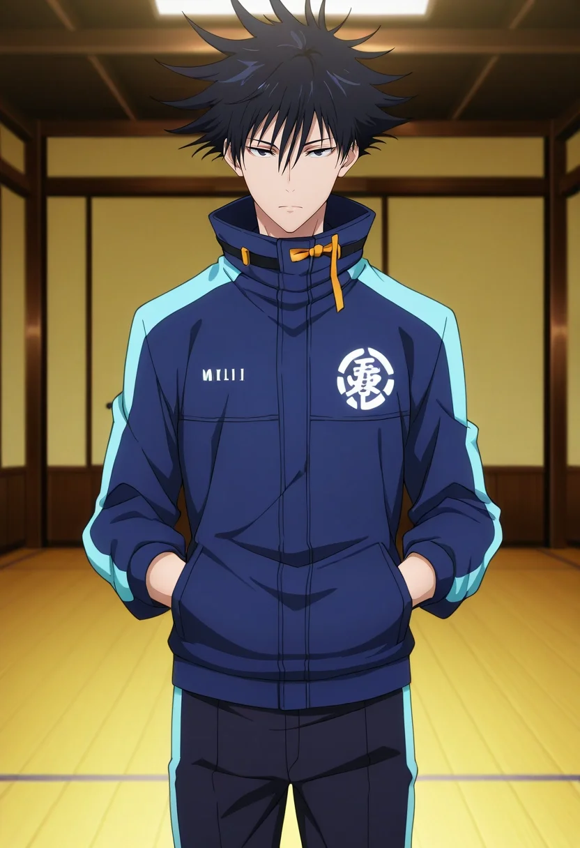 masterpiece, best quality, , anime screencap, anime coloring, official style, looking at viewer, 1boy, solo, male focus, <lora:megumi_fushiguro_ilxl:0.94>, megumi_fushiguro, black hair, black eyes, spiked hair, short hair, bangs, hair between eyes, jacket, high collar, cowboy shot, dojo, midnight, singing, expressionless, Ski pants, Chambray shirt, , ,