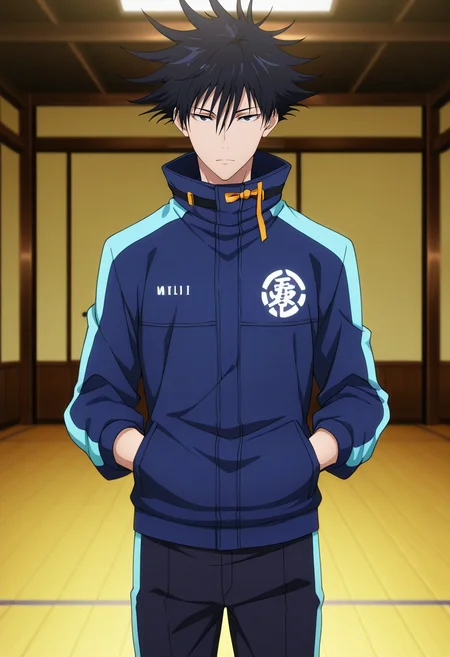 masterpiece, best quality, , anime screencap, anime coloring, official style, looking at viewer, 1boy, solo, male focus, <lora:megumi_fushiguro_ilxl:0.94>, megumi_fushiguro, black hair, black eyes, spiked hair, short hair, bangs, hair between eyes, jacket, high collar, cowboy shot, dojo, midnight, singing, expressionless, Ski pants, Chambray shirt, , ,
