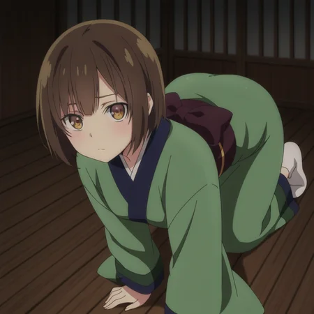 nsfw, masterpiece, best quality, 1girl, solo, seirei_gensouki_ruri, japanese clothes, green kimono, all fours, wooden floor, brown eyes, brown hair, short hair, looking at viewer, bangs, indoors, <lora:Ruri_-_Seirei_Gensouki:0.7>