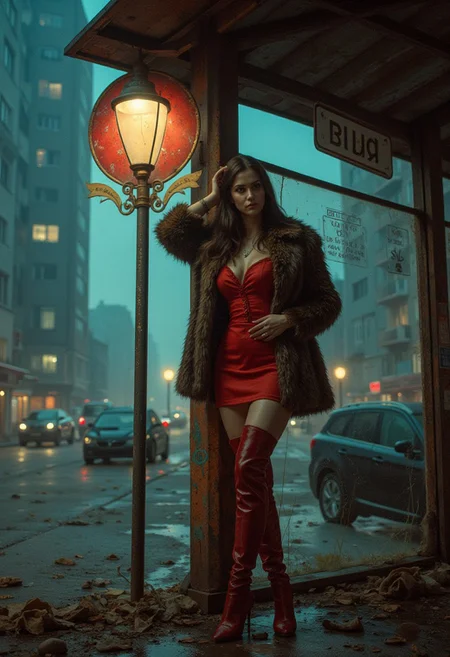 A photorealistic image of a busty 23 year old woman leaning against a rusty bus stop sign in an abandoned Russian suburb., She is dressed in a short,tight red dress with thigh-high boots and a fur coat that barely covers her shoulders., The bus stop is surrounded by broken-down vehicles and piles of litter. The distant high-rise buildings are crumbling,with broken windows and graffiti marking the walls., Her expression is blank,and the dim,cold streetlight casts eerie shadows across her face,emphasising the emptiness of the desolate surroundings.,<lora:Kodak Motion Picture Film style v1:1>, The artwork evokes a sense of otherworldliness and beauty, with its intricate, reflective surface and surreal composition.The shallow depth of field and subtle vignette draw the viewer into this intimate, mystical space, where every detail is meticulously crafted to evoke a sense of wonder, awe, and enchantment...detailmaximizer, Kodak Portra 400 analog film stocks, Kodak Portra 400 analog film stocks style, in the style of Jed-clrfl, painting