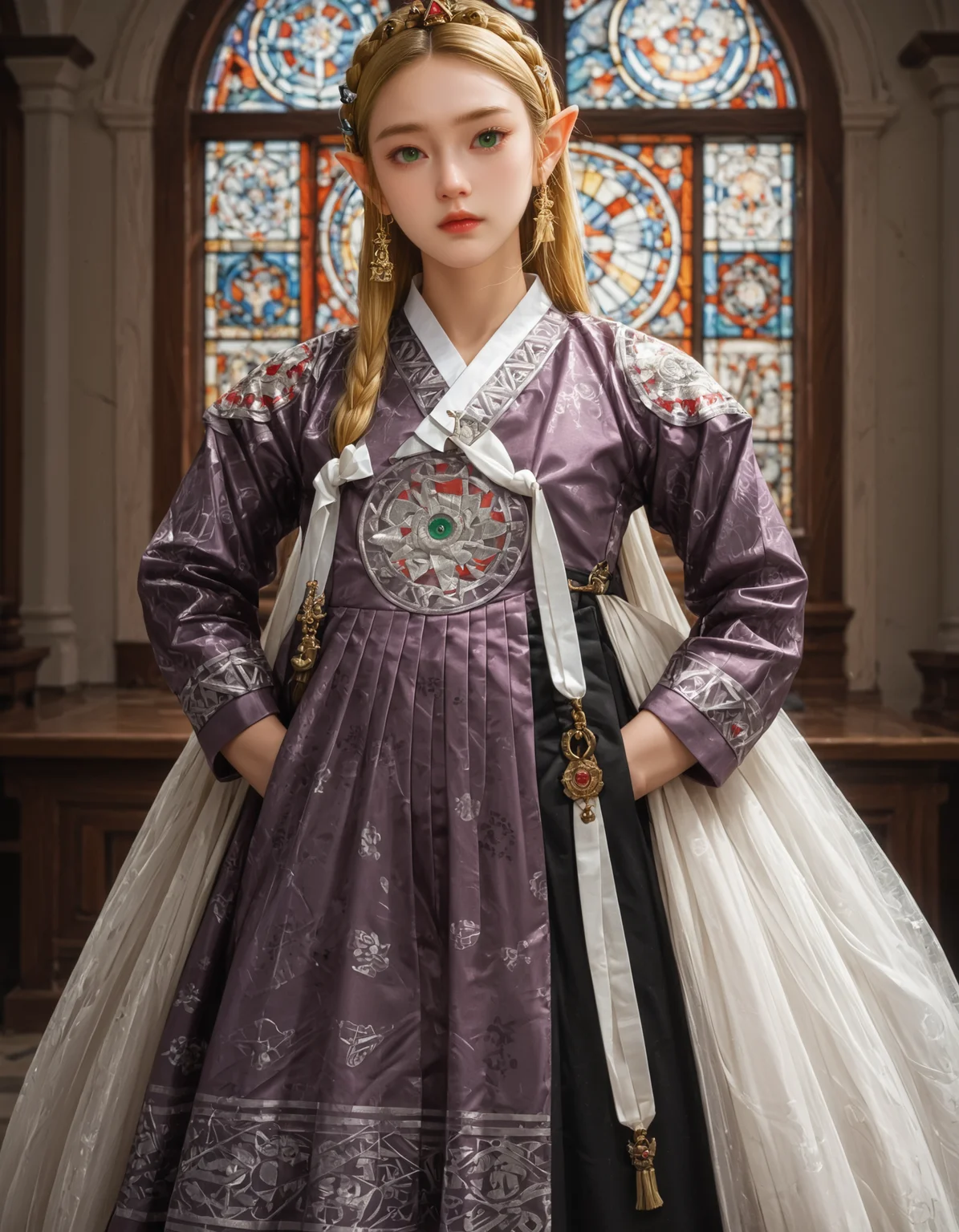 score_9, score_8_up, score_7_up, score_6_up, score_9, score_8_up, score_7_up, score_6_up, anime, cartoon, 1girl, purple hanbok, white ribbon, princess zelda, green eyes, hyrule castle, stained glass window, blonde, long hair, hair pin, triforce pattern, detailed background, very clear image, detailed face, detailed character design, ultra-high resolution, perfectly composed, clear, breathtaking attention to detail, highres, ultra detail, 8k wallpaper,