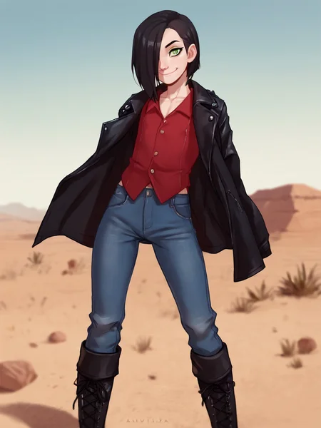 score_9, score_8_up, score_7_up, score_6_up, BREAK, LilSkylar, black hair, hair over one eye, flat chest, green eyes, red vest, leather coat, black coat, jeans, looking at viewer, closed mouth, smile, boots, desert background, <lora:Skylar:0.8>