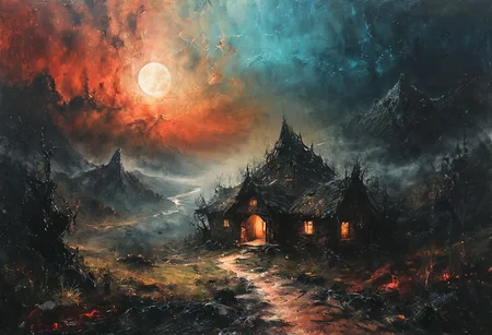dark background, beautiful bright cloudy sky, gorgeous alien landscape, mountains, trees, earth houses, iridescent back glow, strong inner bright glow, fine details, bright light, ethereal, sparkling, sharp focus