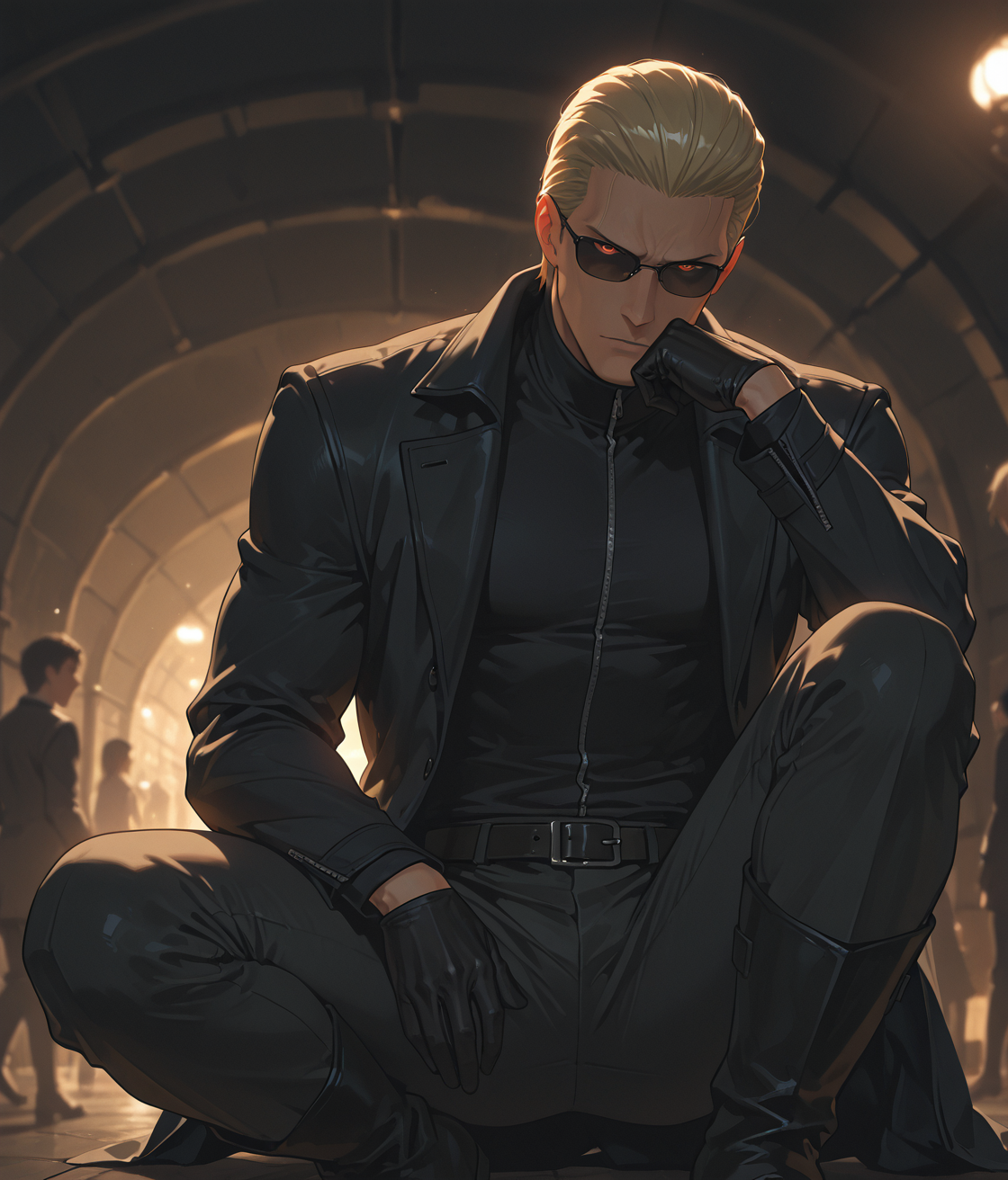 PonyScores7, source_anime, ah1
BREAK <lora:albertwesker-guy-PONYv1:0.8> albertwesker, albert wesker, 1boy, blonde, black gloves, (sunglasses:1.3), belt, black coat, black pants, looking at viewer, toned, athletic, fit, slicked back hair, black turtleneck, zipper, mature male, short hair, black boots, (black market dealer, dark clothing with a trunk full of illegal goods), (illuminated Tunnel of Dreams in a Amusement Park, a tunnel adorned with cascading lights, creating a dreamlike pathway through the park, The atmosphere is enchanting, inviting visitors to explore its depths), (focused, intense glare, apathetic, contemptuous), (reddish orange eyes, slit pupils), (angular face, sharp_featured face), handsome, charming, alluring
BREAK <lora:xl_more_art-full_v1:0.2>, <lora:shinyskin2:0.2> glistening skin, <lora:aesthetic_anime_v1s:0.2>, <lora:Expressive_H:0.2> Expressiveh, <lora:hairdetailpxl:0.2> hairdetailpxl, <lora:EpicF4nta5yXL:0.2>, <lora:detailxl:0.2> detailxl, <lora:Fant5yP0ny:0.2>, best quality, amazing quality, best aesthetic, absurdres, <lora:expressive eyes:0.2> expressive eyes, <lora:eyedetailpxl:0.2> eyedetailpxl, illustration, Volumetric_Lighting, ultra-detailed, very aesthetic, intricate details, 8k, masterpiece, best_quality
BREAK (Aerial view medium Close shot, focus on knees)
BREAK <lora:Eyes_High_Definition:0.3> EyesHD, Stable_Yogis_PDXL_Positives, AS-Adult, <lora:Complicated fantasy portrait - XL Pony V2.0:0.4>, bad-hands-5, AS-MidAged, <lora:HDA_Detailer:0.2>