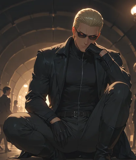 PonyScores7, source_anime, ah1
BREAK <lora:albertwesker-guy-PONYv1:0.8> albertwesker, albert wesker, 1boy, blonde, black gloves, (sunglasses:1.3), belt, black coat, black pants, looking at viewer, toned, athletic, fit, slicked back hair, black turtleneck, zipper, mature male, short hair, black boots, (black market dealer, dark clothing with a trunk full of illegal goods), (illuminated Tunnel of Dreams in a Amusement Park, a tunnel adorned with cascading lights, creating a dreamlike pathway through the park, The atmosphere is enchanting, inviting visitors to explore its depths), (focused, intense glare, apathetic, contemptuous), (reddish orange eyes, slit pupils), (angular face, sharp_featured face), handsome, charming, alluring
BREAK <lora:xl_more_art-full_v1:0.2>, <lora:shinyskin2:0.2> glistening skin, <lora:aesthetic_anime_v1s:0.2>, <lora:Expressive_H:0.2> Expressiveh, <lora:hairdetailpxl:0.2> hairdetailpxl, <lora:EpicF4nta5yXL:0.2>, <lora:detailxl:0.2> detailxl, <lora:Fant5yP0ny:0.2>, best quality, amazing quality, best aesthetic, absurdres, <lora:expressive eyes:0.2> expressive eyes, <lora:eyedetailpxl:0.2> eyedetailpxl, illustration, Volumetric_Lighting, ultra-detailed, very aesthetic, intricate details, 8k, masterpiece, best_quality
BREAK (Aerial view medium Close shot, focus on knees)
BREAK <lora:Eyes_High_Definition:0.3> EyesHD, Stable_Yogis_PDXL_Positives, AS-Adult, <lora:Complicated fantasy portrait - XL Pony V2.0:0.4>, bad-hands-5, AS-MidAged, <lora:HDA_Detailer:0.2>
