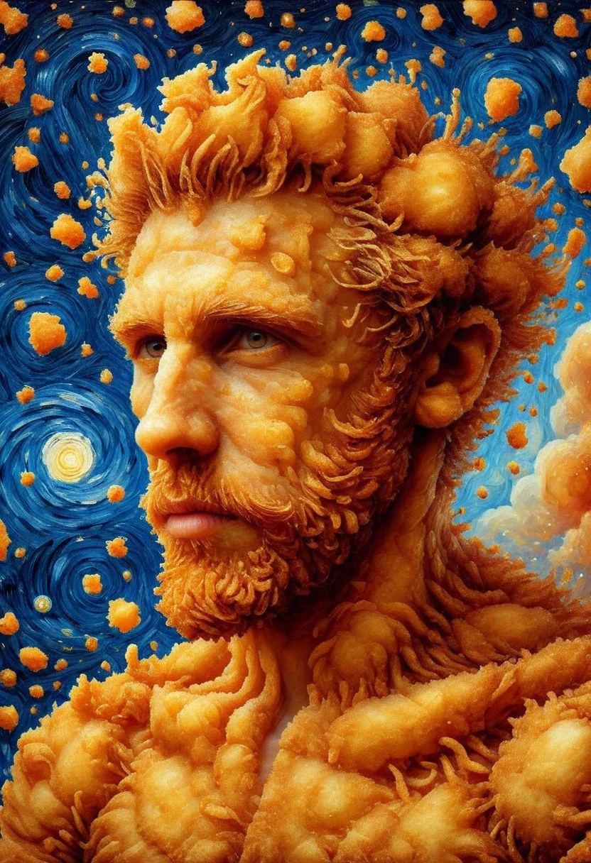 Van Gogh's painting Starry Night made of deep fried & crispy breading, Deep-Fried & Crispy Style. detail