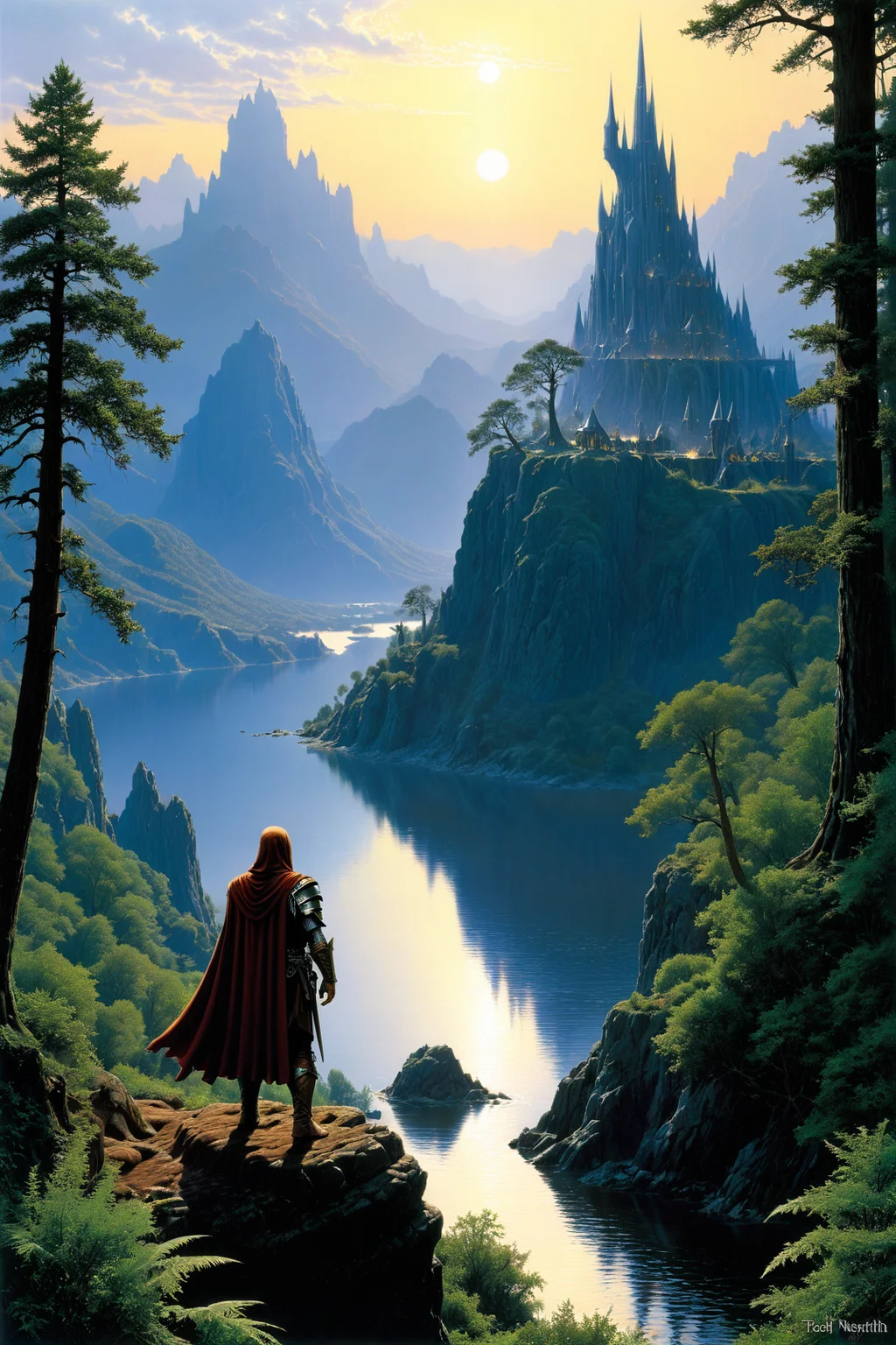 by Ted Nasmith and John Howein the style of Chris Mars <lora:more_art:0.40><lora:faetastic:0.25><lora:midjourney:0.15>