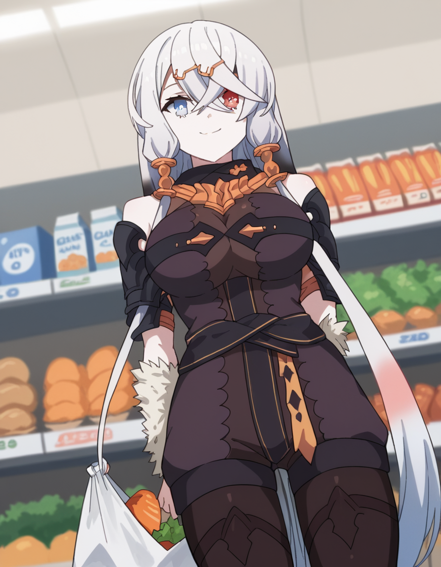 score_9, score_8_up, score_7_up, source_anime, <lora:lila-decyrus-s1-ponyxl-lora-nochekaiser:1>, lila decyrus, long hair, bangs, blue eyes, large breasts, hair ornament, red eyes, hair between eyes, twintails, very long hair, hairclip, low twintails, heterochromia, pale skin, crossed bangs, bodysuit, bare shoulders,, grocery store, cashier, shopping bag, scanning items, small talk, everyday routine, smile, , arm behind back, knee bent, foot pointed, solo,, cowboy shot, dutch angle