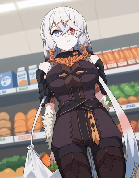 score_9, score_8_up, score_7_up, source_anime, <lora:lila-decyrus-s1-ponyxl-lora-nochekaiser:1>, lila decyrus, long hair, bangs, blue eyes, large breasts, hair ornament, red eyes, hair between eyes, twintails, very long hair, hairclip, low twintails, heterochromia, pale skin, crossed bangs, bodysuit, bare shoulders,, grocery store, cashier, shopping bag, scanning items, small talk, everyday routine, smile, , arm behind back, knee bent, foot pointed, solo,, cowboy shot, dutch angle