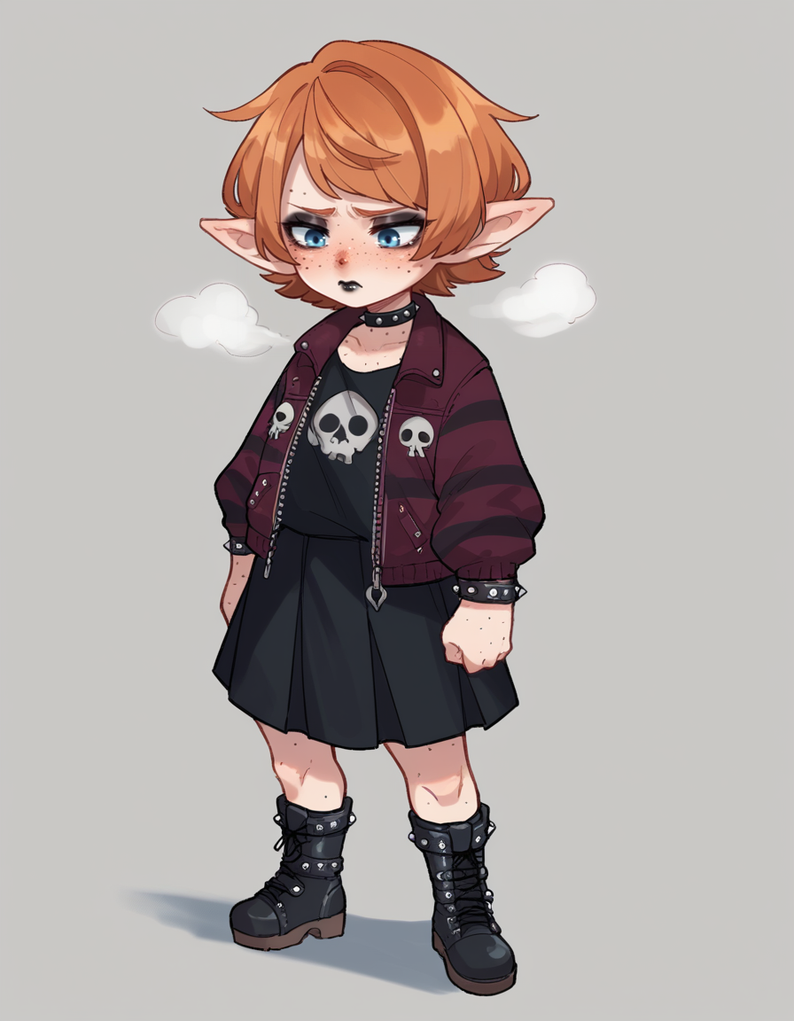 score_9, score_8_up, score_7_up, score_6_up, score_5_up, score_4_up, solo, 1girl, solo,
<lora:Popoka_v3:0.8> ppka, sad, villain pose, shortstack, emo girl wearing a maroon velvet jacket with patches, miniskirt skirt with chains, zip-up boots with punk design, black lipstick, smoky eyeshadow, heavy eyeliner, studded bracelet,choker necklace,, <lora:Popipi_v1:0.6> popipi, (lalafell), blue eyes, dark nose, freckles, orange hair, short hair, pointy ears, swept bangs,