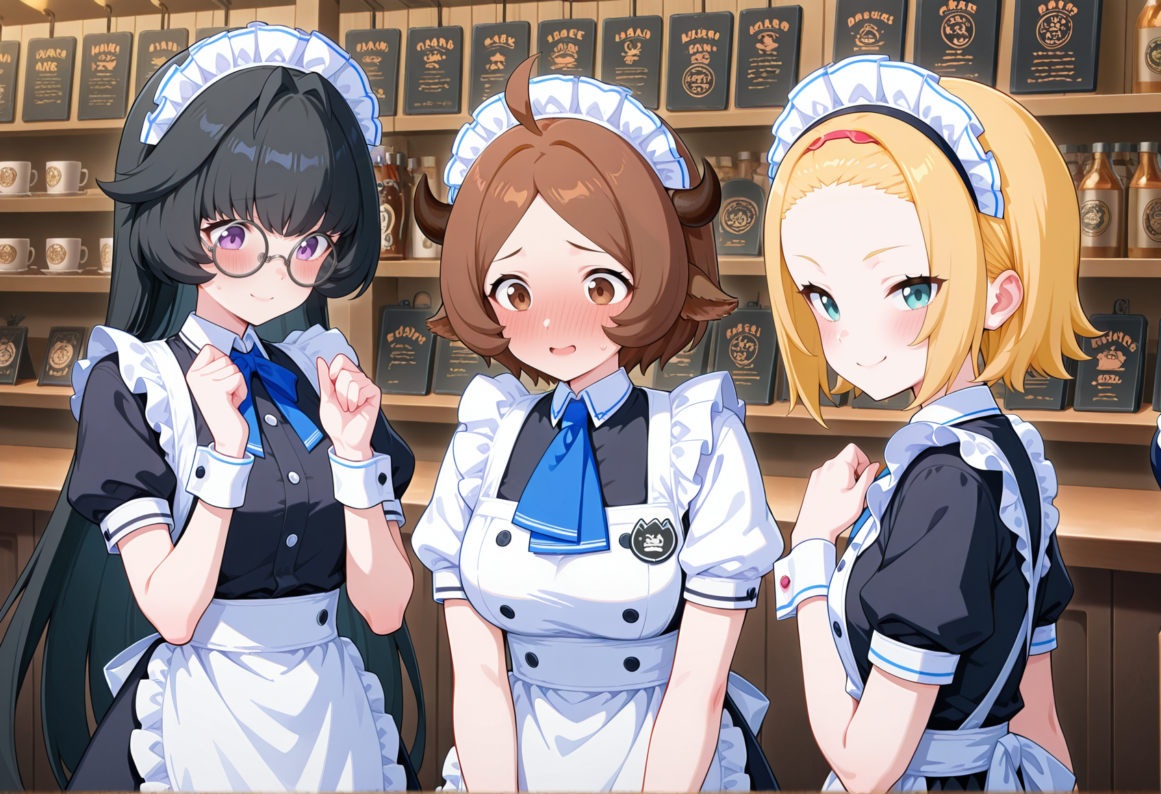 3girls, indoors, maid cafe, smile, embarrassed,  1girl,  long hair, black hair, purple eyes, glasses, round eyewear, maid uniform, apron, puffy sleeves, short sleeves, wrist cuffs, maid headdress,
BREAK
3girls, indoors, maid cafe, smile, embarrassed, 1girl, plump, short hair, brown hair, ahoge, brown eyes, cow girl, horns, tail, animal ears, maid uniform, apron, puffy sleeves, short sleeves, wrist cuffs, maid headdress,
BREAK
3girls, indoors, maid cafe,  smile, 1girl, blonde hair, short hair, aqua eyes, forehead, hairband, maid uniform, apron, puffy sleeves, short sleeves, wrist cuffs, maid headdress,  looking at viewer <lora:ellens_friends:1>, masterpiece, best quality, amazing quality, very aesthetic, absurdres, highres, newest