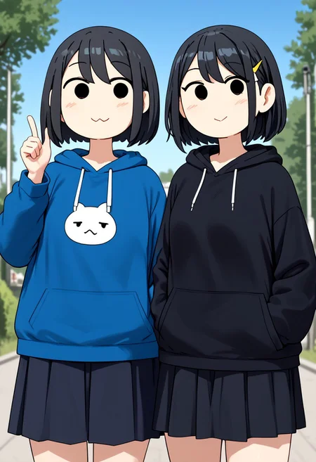 score_4,score_5,score_6,score_7_up,score_8_up,score_9 ((masterpiece,best quality,ultra detailed,highres,HD,4k:1.2)), 
2 girls,
flat color, deformed, deformed characters, round face,
((mob face,black eyes, eyes filled with black,no nose)),
hood down, hairclip, braid, =3, hand in pocket, outdoors,thumbs up, medium breasts, :>, smartphone, blue skirt,