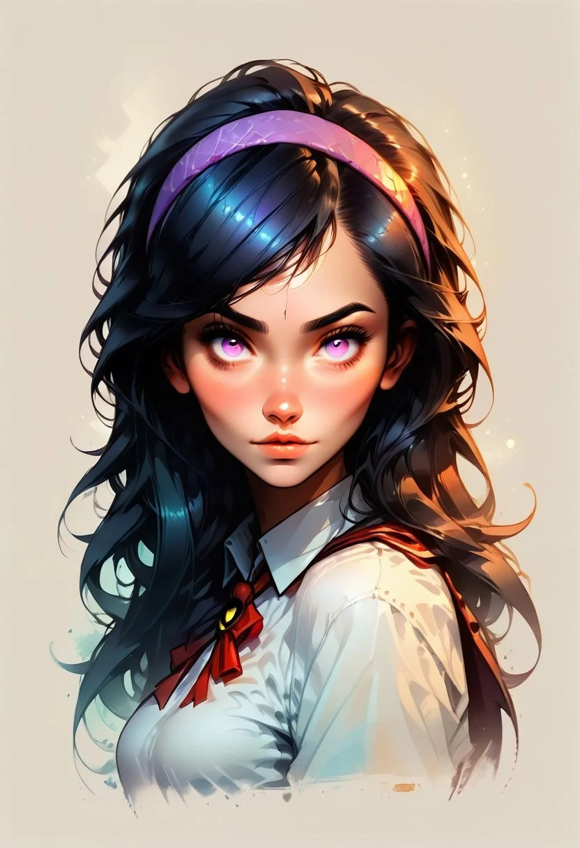 Faded Headshot, faded bottom, faded edges ,score_9,score_8_up,score_7_up,score_6_up,score_5_up, rating_safe,
1girl, violetparr (/The Incredibles)/,(ultra HD quality details), black hair, long hair, hairband, purple eyes,
school uniform, long pleated skirt, shy look, eye bags, puffy eyes,
beautiful, centered, looking at the camera, approaching perfection, dynamic, moonlight, highly detailed, watercolor painting, artstation, concept art, smooth, sharp focus, illustration, portrait, close up
medium breasts,