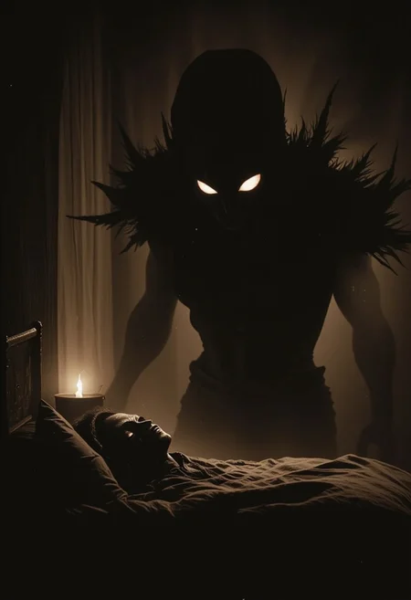 Dynamic picture. Night room, dark room, completely darkened room, sepia, grainy, eerie environment. Creepypasta - a terrible demonic creepy entity, something hanging over a man lying in bed, with very large eyes. A creepy look from the shadows. Sven37.