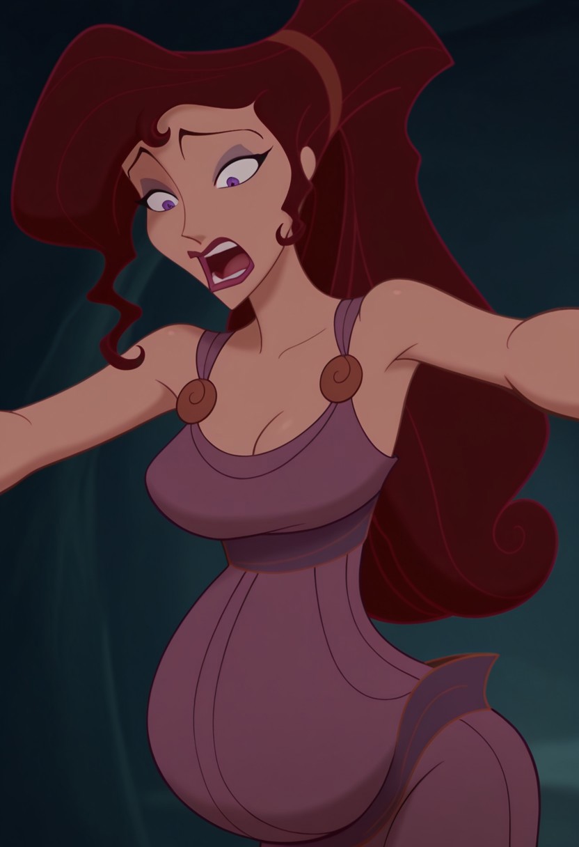 1girl, masterpiece, best quality, amazing quality, absurdres, <lora:Megara__Illustrious:1> m3g4r4, megara (hercules disney), long hair, tied hair, brown hair, purple eyes, purple Greek dress, cleavage, sexy makeup, lipstick, pregnant, arms stretched apart, suprised, shocked, looking down at her tummy,
