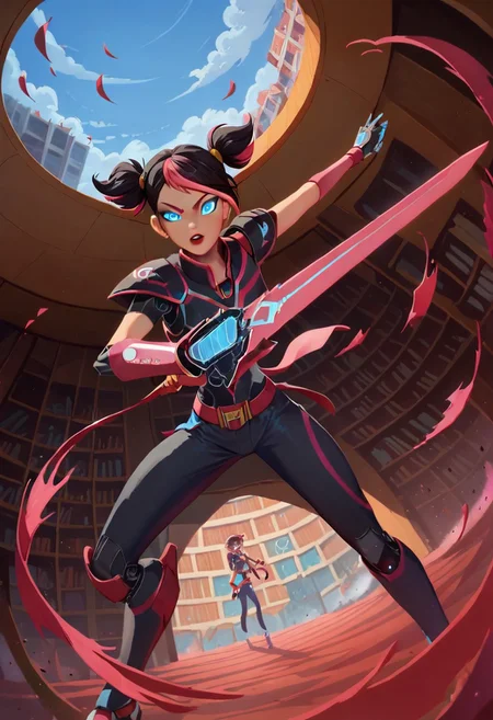 score_9, score_8_up, score_8, 1girl, (miko nakadai : autobot:0.3), short hair, black hair, pink hair, multicolored hair, two-tone hair, twintails, streaked hair, red lips, blue eyes, glowing eyes, fighting stance, holding technological sword, inside damaged (robotic city:1.3)
