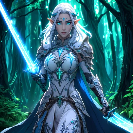 <lora:ArsMJStyle_-_AnimeA:1> ArsMJStyle, AnimeA, "Elven warrior princess wielding a glowing azure katana, Netflix anime style, high fantasy setting. Flowing silver hair, emerald eyes, ornate golden armor. Background: ancient forest with towering bioluminescent trees. Technique: cel-shaded animation, vibrant color palette, dynamic pose. Magical runes floating around the character, soft ambient occlusion, rim lighting."