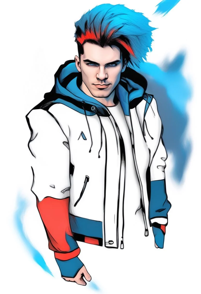 Duskfallcrew Art Style, solo, blue eyes, shirt, 1boy, white background, blue hair, jacket, male focus, open clothes, pants, hood, hair over one eye, red jacket, grimace, frustrated look, masterpiece, official art, best quality,