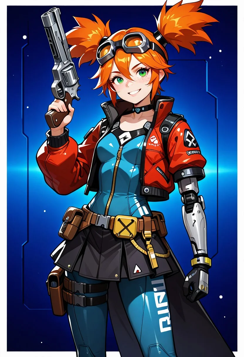 <lora:gaigebl2-guy-v1PONYXL:1>,
solo, gaigebl2, orange hair, goggles on head, twintails, short twintails, single mechanical arm, left arm mechanical, freckles, green eyes, small breasts, petite,
Grin,
Thigh holster, Empty gun holster, gun, sci-fi revolver, gun in hand,
choker,
hourglass bodysuit, golden collar, Diamond pattern, lightweight padded jacket, long sleeve, cropped jacket, red jacket, coat, tactical jacket, cyberpunk jacket, tactical gear, Fashionable style, tactical belts, harness, harnesses, body harness, garter, straps, skirt, waist cape, black waist cape, short skirt,
@
pelvic straps, multiple straps, long sleeves,
(dark blue and black, bodysuit, flight suit, armor, glove, geometric print:1.3)
science fiction, standing,
white border, outside border, abstract background, multi colored background,
, (sci-fi revolver, single gun,:1.2), ,