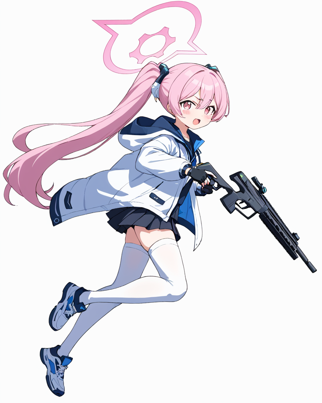 koyuki \(blue archive\),1girl, solo, running, halo, hooded_jacket, simple_background, open_mouth, gloves, white_background, black_skirt, twintails, pleated_skirt, long_sleeves, hood_down, holding_gun, knee_pads, full_body, rifle, fang, shotgun, ahoge, white_footwear, white_jacket, sneakers, white_thighhighs
<lora:koyuki_(blue_archive)_image708_2023-11-28-000012:1>halo. gorgeous,key visual, vibrant, studio anime,award-winning, professional, highly detailed,high budget, cinemascope