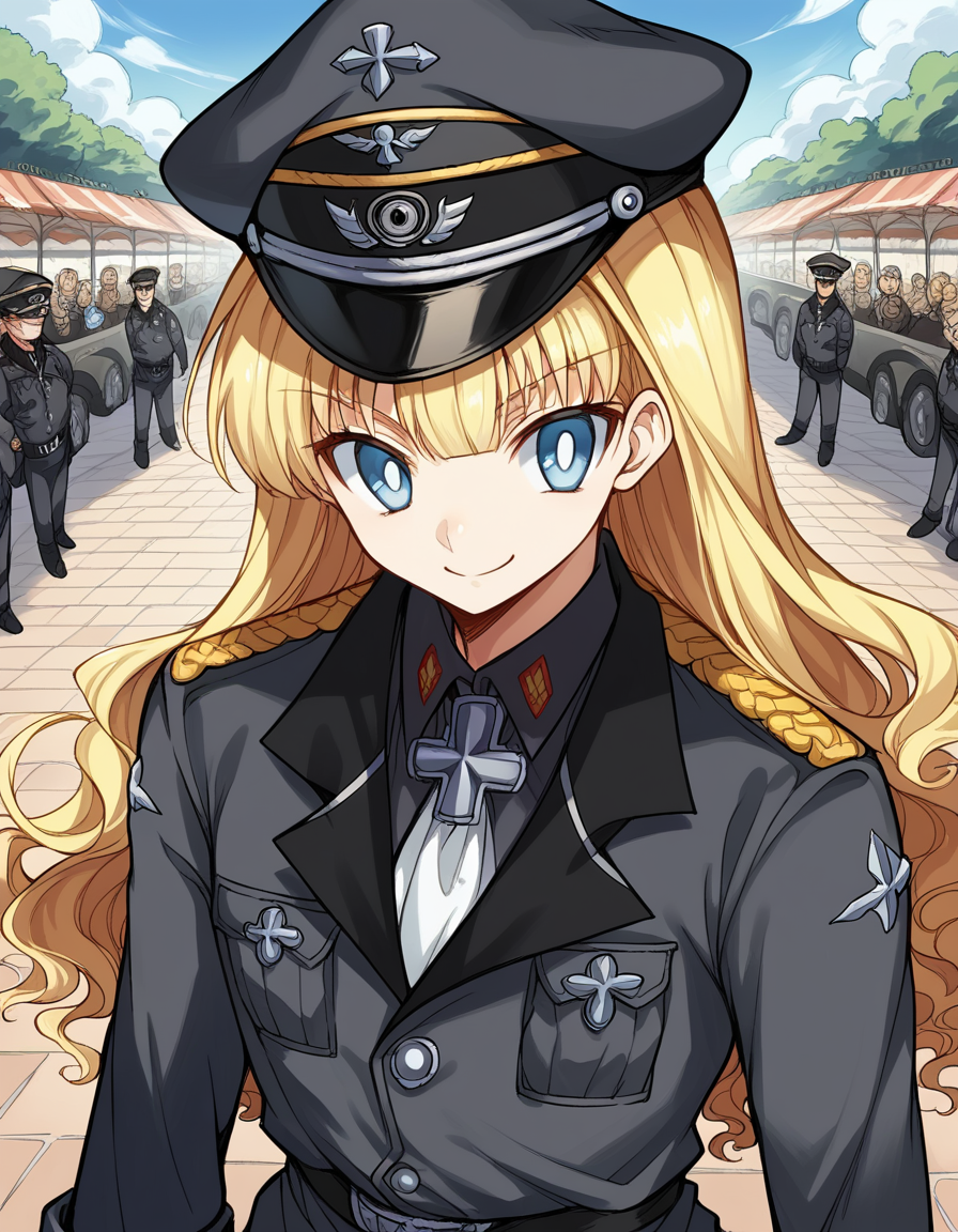 score_9, score_8_up, score_7_up, source_anime, <lora:retia-adolf-ponyxl-lora-nochekaiser:1>, retia adolf, blue eyes, blonde hair, wavy hair, bangs,, gloves, hat, military uniform, peaked cap, zettai ryouiki,, street market, vendor, street food, bustling crowd, local flavor, vibrant, , , smile, from above,, solo,, cowboy shot, dutch angle