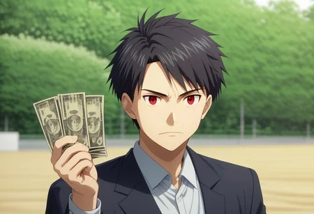 high resolution, solo, best quality, 1Boy, Yamato Ishida, Black Hair, Red Eyes, portraits, arrogant, holding a money, outdoor, Half Body, Depth Of Field, OverallDetail