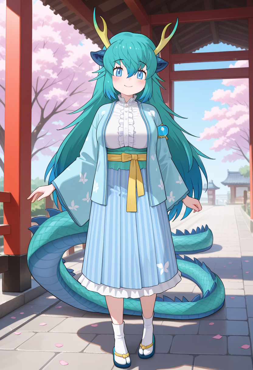 1girl, <lora:blue_dragon_kf_ilxl_v1:1>, blue dragon \(kemono friends\), dragon girl, eastern dragon, dragon horns, antlers, horns, yellow horns, green horns, multicolored horns, horn flower, petals, cherry blossoms, dragon tail, tail, scales, multicolored hair, aqua hair, blue hair, green hair, very long hair, sidelocks, hair between eyes, hair ornament, blue eyes, large breasts, mature female, bldr2nd, kimono, blue kimono, open kimono, japanese clothes, shirt, white shirt, center frills, frilled shirt, frilled collar, yellow belt, skirt, print skirt, striped clothes, vertical-striped clothes, socks, tabi, flip-flops, zouri, footwear bow, full body, standing, blush, smile, looking at viewer, outdoors, blue sky, masterpiece, best quality, very aesthetic, absurdres
