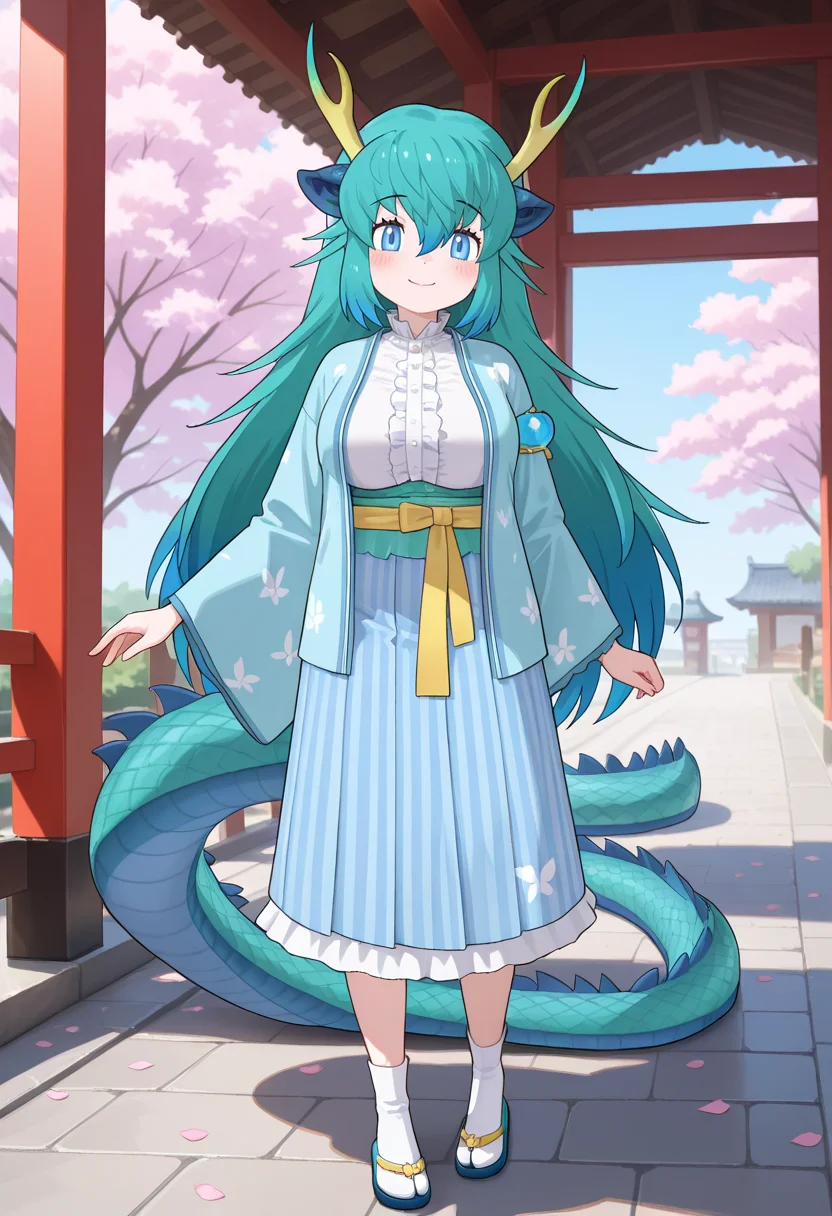 1girl, <lora:blue_dragon_kf_ilxl_v1:1>, blue dragon \(kemono friends\), dragon girl, eastern dragon, dragon horns, antlers, horns, yellow horns, green horns, multicolored horns, horn flower, petals, cherry blossoms, dragon tail, tail, scales, multicolored hair, aqua hair, blue hair, green hair, very long hair, sidelocks, hair between eyes, hair ornament, blue eyes, large breasts, mature female, bldr2nd, kimono, blue kimono, open kimono, japanese clothes, shirt, white shirt, center frills, frilled shirt, frilled collar, yellow belt, skirt, print skirt, striped clothes, vertical-striped clothes, socks, tabi, flip-flops, zouri, footwear bow, full body, standing, blush, smile, looking at viewer, outdoors, blue sky, masterpiece, best quality, very aesthetic, absurdres