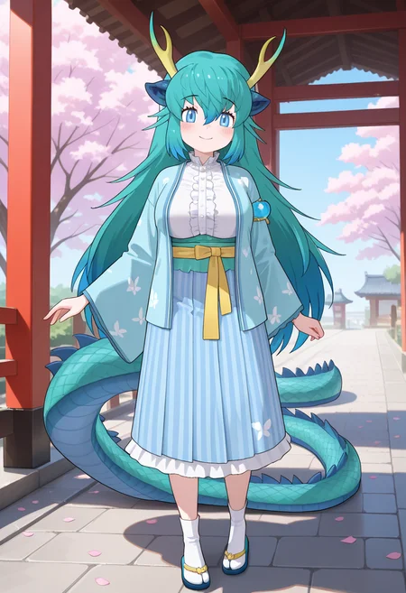 1girl, <lora:blue_dragon_kf_ilxl_v1:1>, blue dragon \(kemono friends\), dragon girl, eastern dragon, dragon horns, antlers, horns, yellow horns, green horns, multicolored horns, horn flower, petals, cherry blossoms, dragon tail, tail, scales, multicolored hair, aqua hair, blue hair, green hair, very long hair, sidelocks, hair between eyes, hair ornament, blue eyes, large breasts, mature female, bldr2nd, kimono, blue kimono, open kimono, japanese clothes, shirt, white shirt, center frills, frilled shirt, frilled collar, yellow belt, skirt, print skirt, striped clothes, vertical-striped clothes, socks, tabi, flip-flops, zouri, footwear bow, full body, standing, blush, smile, looking at viewer, outdoors, blue sky, masterpiece, best quality, very aesthetic, absurdres