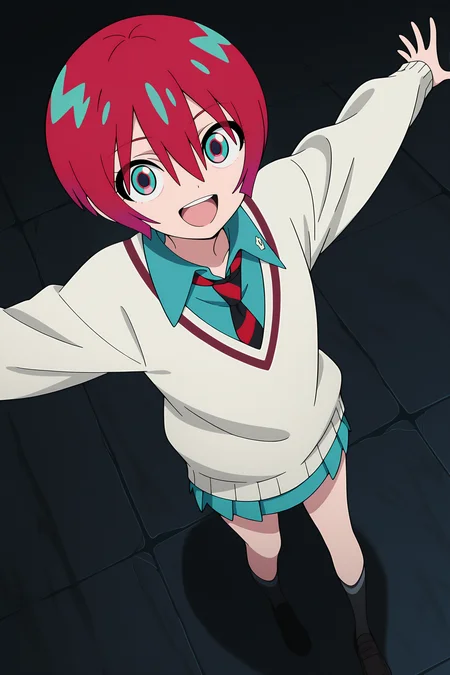 volumetric lighting, official style, amazing quality, ultra detailed, highres, detailed background, anime screenshot, anime screencap, anime coloring, masterpiece, detailed face,1girl  <lora:Amate_Yuzuriha__:0.8>Amate_Yuzuriha, red hair, skirt, solo, necktie, open mouth, school uniform, short hair, multicolored eyes, pleated skirt, sweater, looking at viewer, from above, full body, :D, reaching arms out