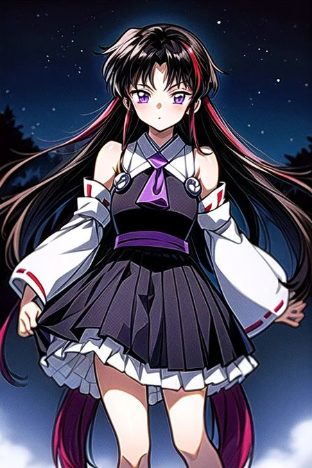 masterpiece,  best quality 1girl Setsun4 solo long hair,  (night time) forest background black hair very long hair purple eyes multicolored hair armor (fur trim) (medium body),<lora:EMS-179-EMS:0.800000>,<lora:EMS-293862-EMS:0.800000>ascot, bare shoulders, black footwear, detached sleeves, embellished costume, frills, japanese clothes, nontraditional miko, red skirt, sandals, sarashi, skirt, socks, white sleeves, white socks, wide sleeves, yellow ascot, zouri, armor, miko