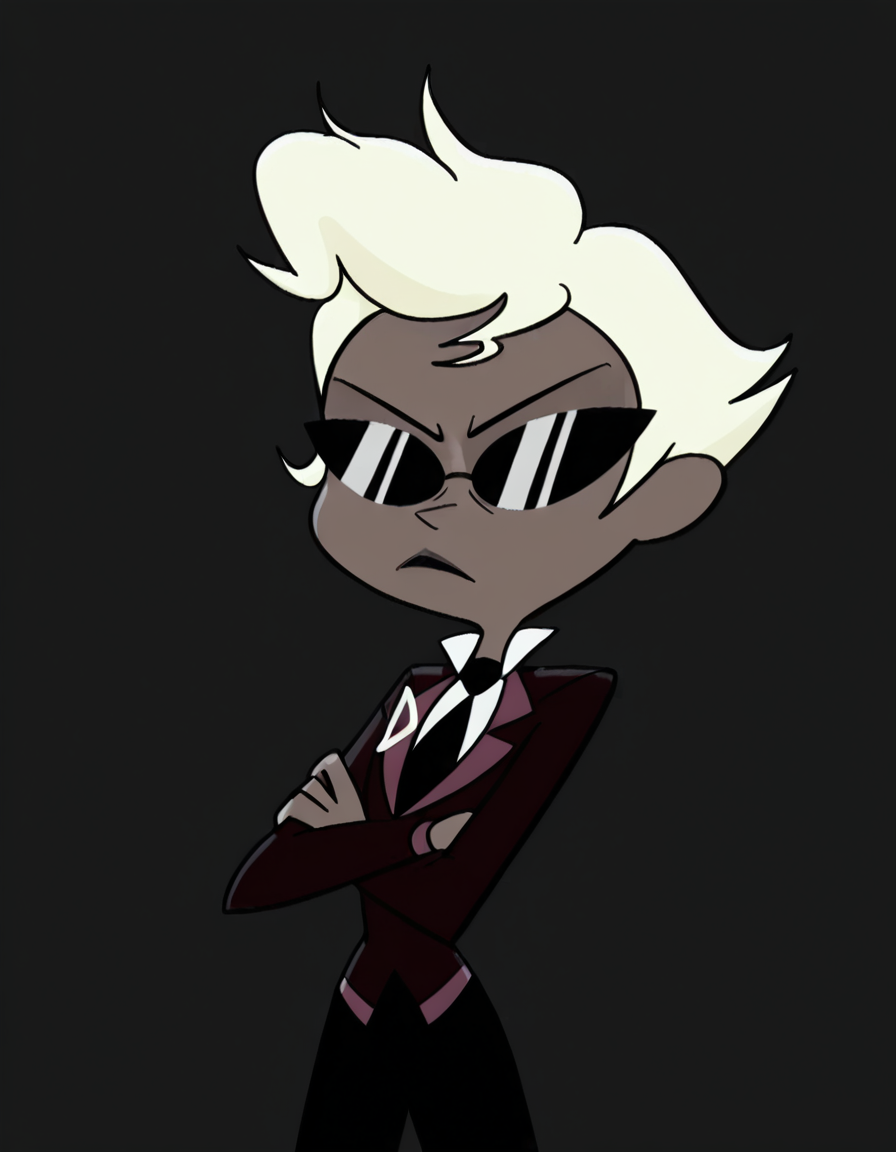 <lora:Agent2Illustrious1.0JLFO:1> agent2, 1girl, solo, blonde hair, suit, formal, sunglasses, necktie, short hair, female focus, black necktie,crossed arms,  dark skin, long sleeves, pants, looking at viewer, cowboy shot,simple background,