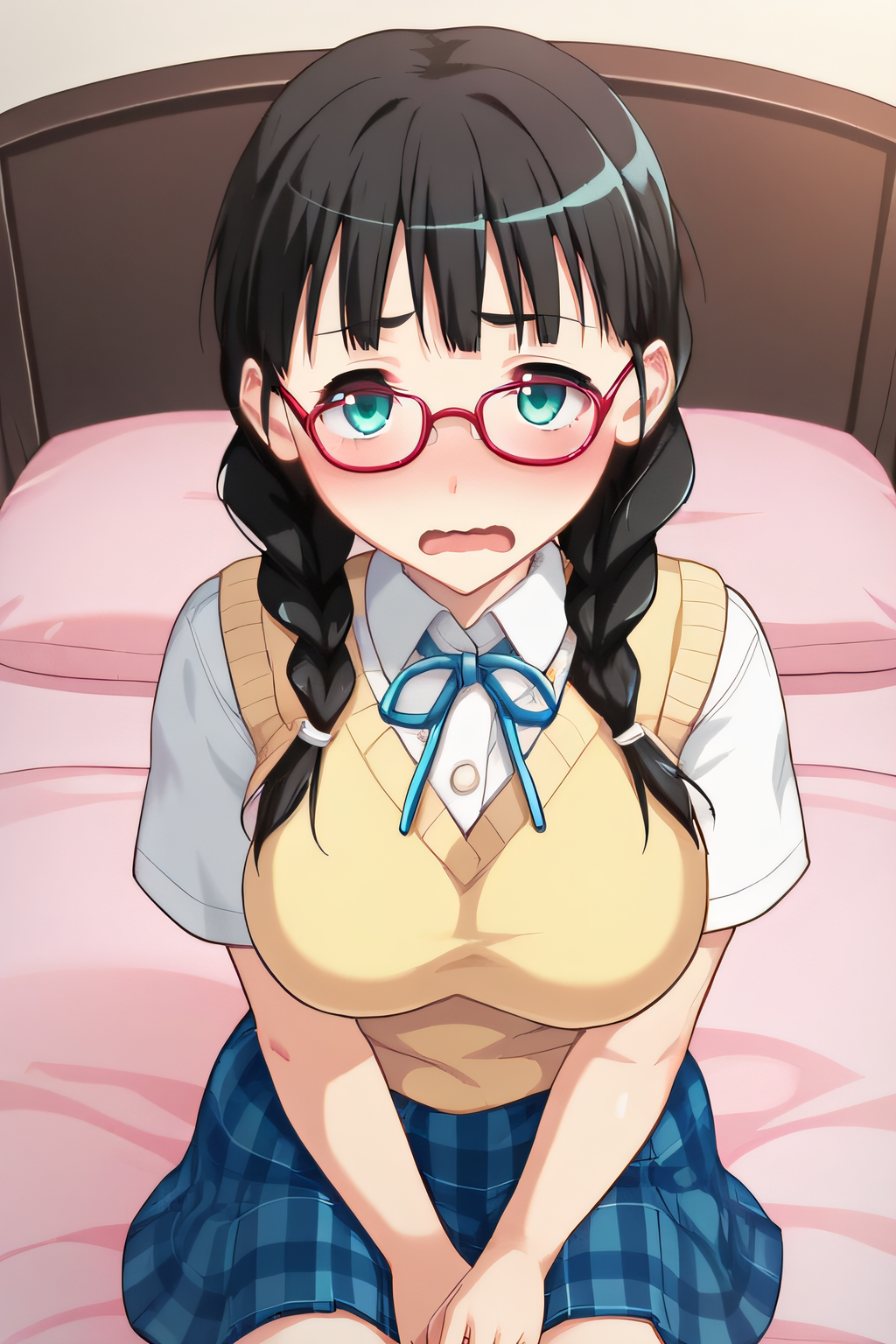 score_9, score_8_up, score_7_up, source_anime, rating_safe, intricate details, anime screencap, official style, 1girl, solo, <lora:PONY_Megumi_v2:1>, megumi, black hair, aqua eyes, glasses, red-framed eyewear, large breasts, white shirt, short sleeves, yellow sweater vest, blue skirt, plaid skirt, thighs, looking at viewer, indoor, upper body, blush, wavy mouth, open mouth, sitting on bed, cowboy shot, from above