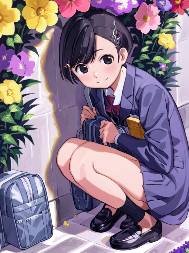 <lora:comicloa1_xl:1>,1girl,solo,flower,school uniform,black hair,bag,squatting,black eyes,jacket,skirt,blazer,school bag,hairclip,smile,hair ornament,socks,short hair,loafers,shoes,