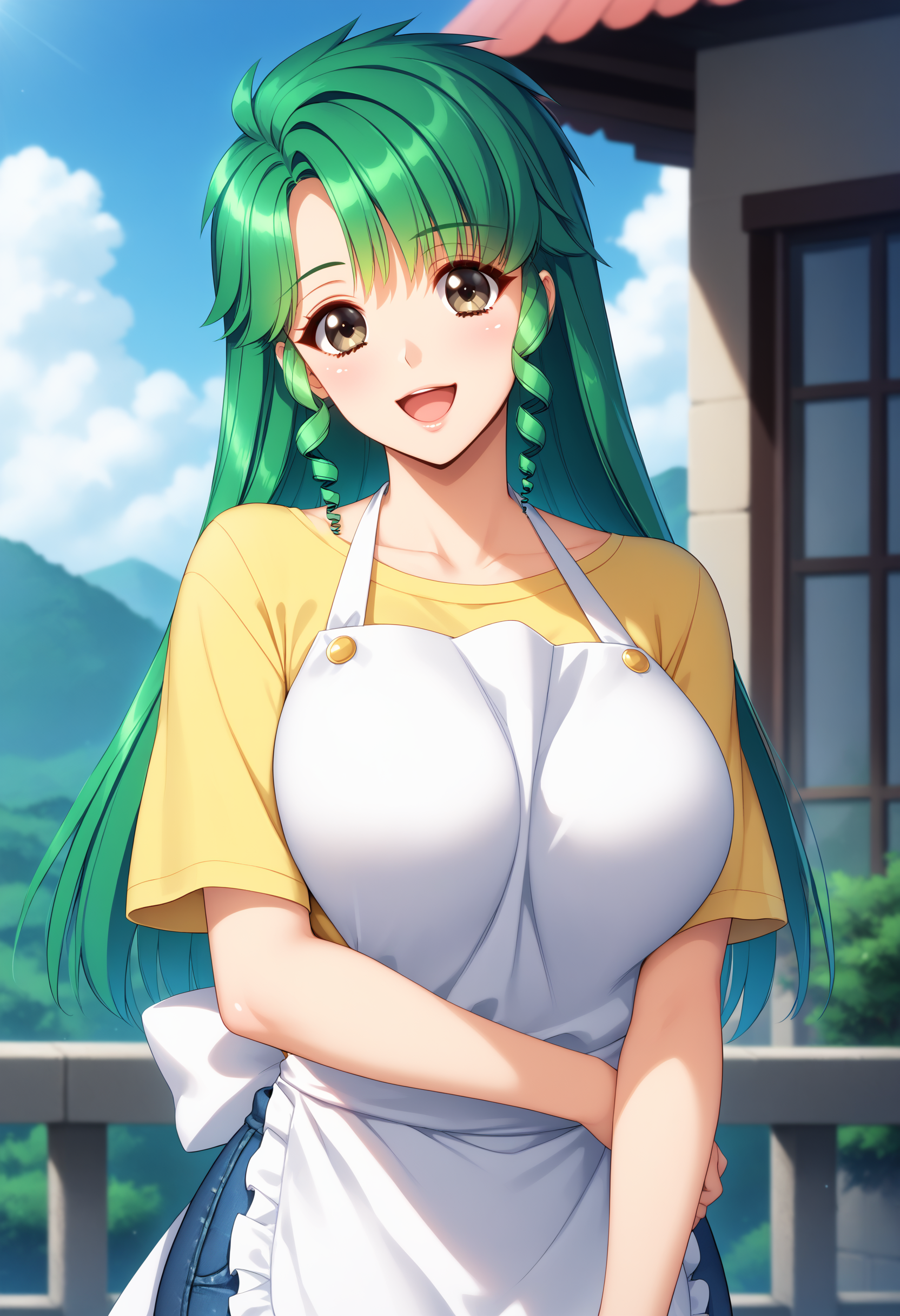 score_9, score_8_up, score_7_up, BREAK  <lora:ChiharuSak:1> chih, 1girl, yellow t-shirt, standing, outdoors, white apron, day, green hair, smile, open mouth, brown eyes, :d, short sleeves, looking at viewer, drill hair, blue sky, denim skirt, miniskirt, cloud, twin drills, head tilt, upper body, cowboy shot