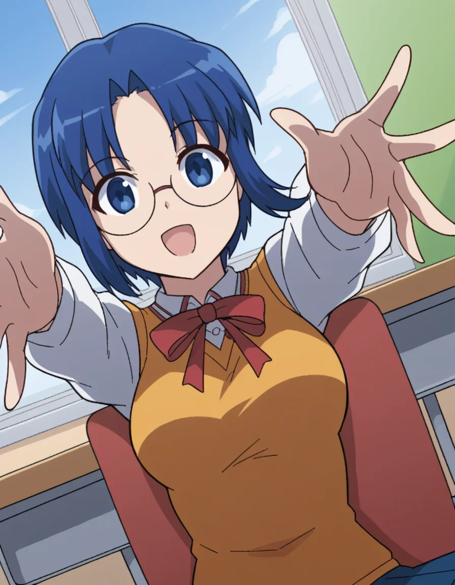 score_9, score_8_up, score_7_up, source_anime, <lora:carnivalphantasm-ciel-ova-ponyxl-lora-nochekaiser:1>, ciel, short hair, blue hair, blue eyes, glasses, ciel (tsukihime), large breasts,, skirt, shirt, long sleeves, bow, ribbon, school uniform, pleated skirt, red bow, blue skirt, sweater vest,, classroom, chalkboard, day time, studying, sitting, chair, desk,, , looking at viewer, on back, arm support, arms up, incoming hug, pov, reaching, reaching towards viewer,, solo,, dutch angle, cowboy shot
