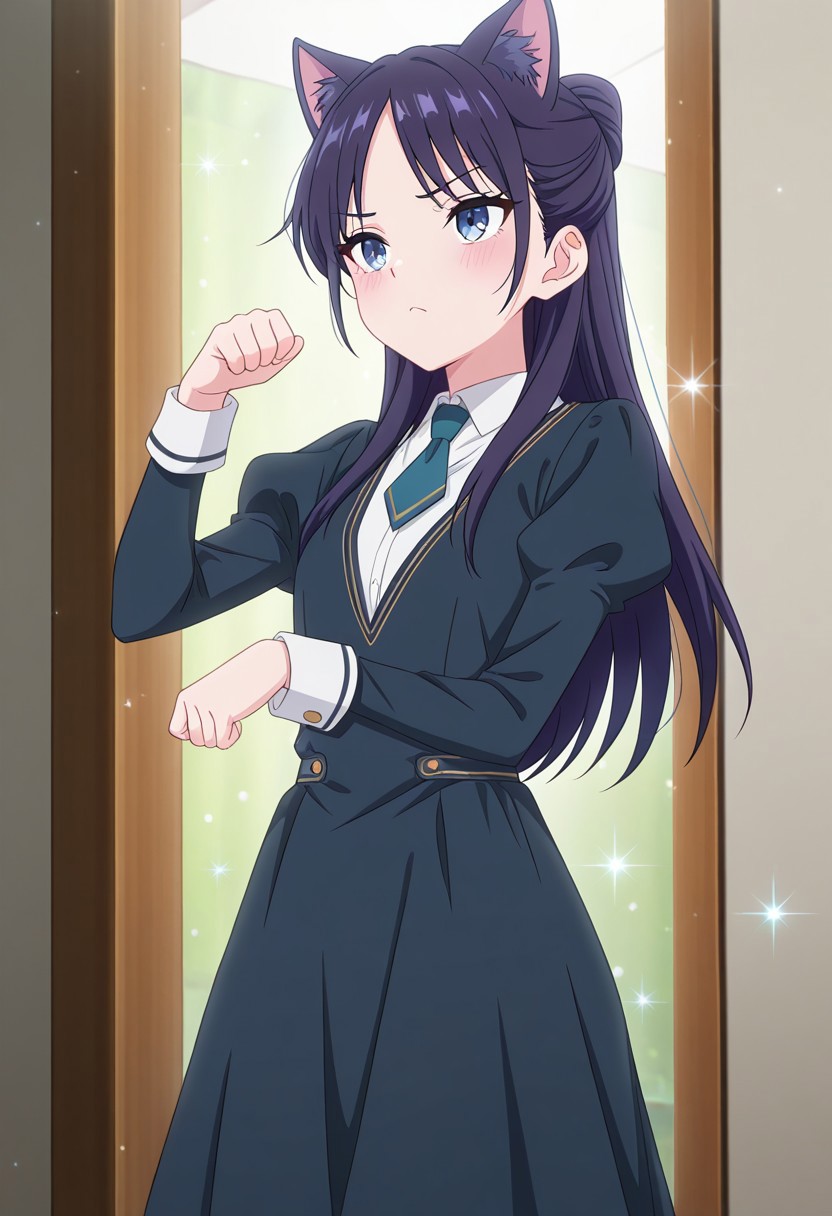 (absurdres, best quality, masterpiece:1.4), amazing quality, highres, newest, detailed, detailed body, detailed face, source anime, anime coloring, beautiful, petite, sparkles, kemonomimi mode,
BREAK
WWNemu, 1girl, solo, meowing, nyan, NemuAniHu, dark purple hair, cat ears, parted bangs, half updo, blue eyes, v-neck dress, white inner collared shirt, Short necktie, juliet sleeves, long skirt, paw pose