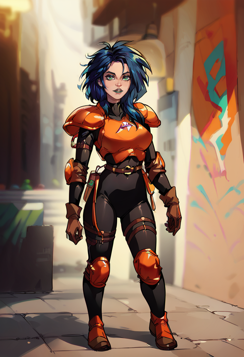 1girl, solo, full body, standing, orange armor, deep blue hair, black bodysuit, dark green eyes, brown gloves, dark lipstick, looking at viewer,( blurry background:0.8),   <lora:Kylie_GriffinPony64:1>,     <lora:Eva_Kiss_64:1>, score_9, score_8_up, score_7_up,